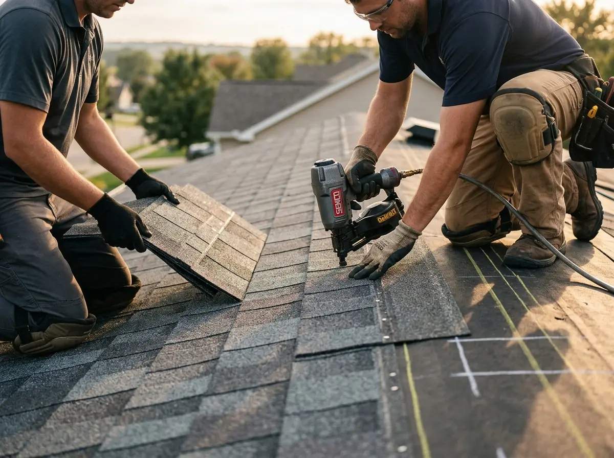 Professional roofer working on a residential roof in Brier